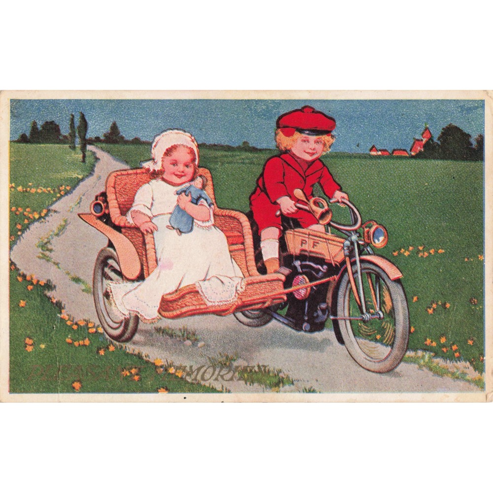 Antique Postcard Children Early Motorcycle Wicker Sidecar Pleasant Memories